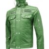 Men's High Collar Green Leather Jacket