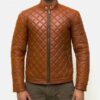 Men's Tan Brown Quilted Cafe Racer Leather Jacket