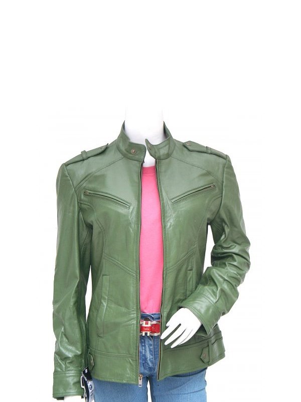 Women's Fashion Green Leather Jacket