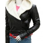 Women's Fur Hooded Black Leather Jacket