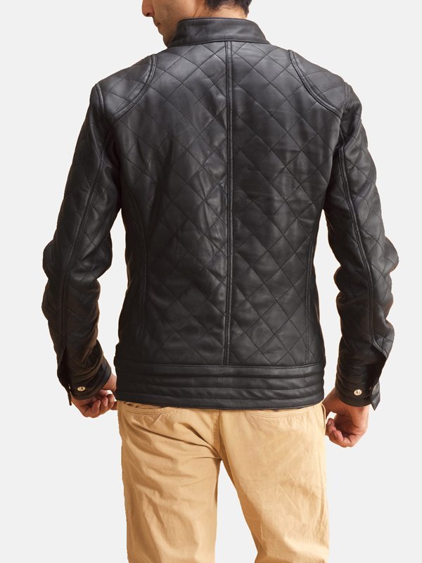 Mens Snap Tab Collar Quilted Black Leather Jacket