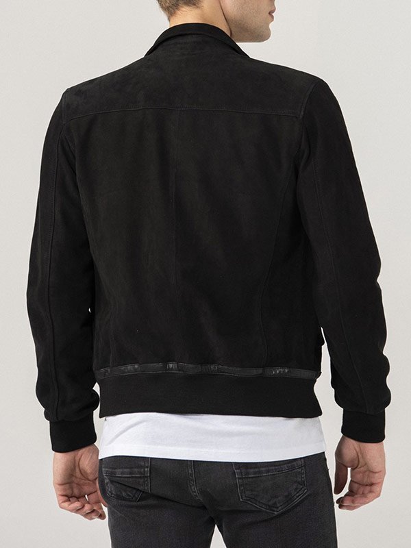 Black Bomber Suede Leather Jacket For Mens