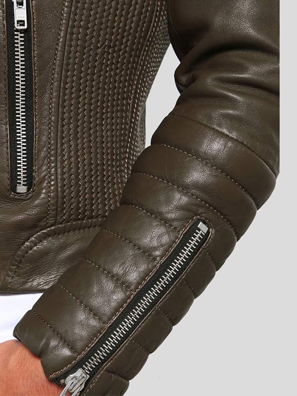 Men's Leather Quilted Motorcycle Jacket Closeup