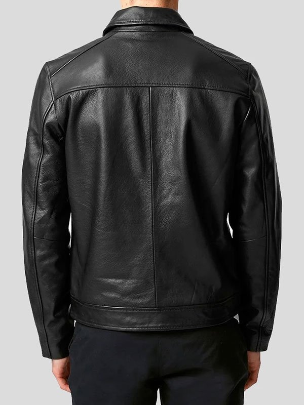 Men's Black Leather Motorcycle Jacket With Shirt Style Collar