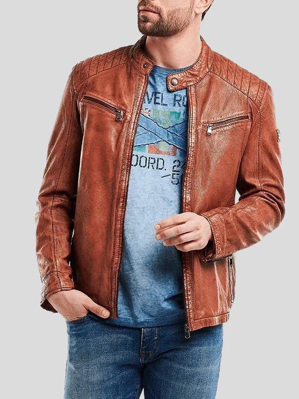 Men's Crinkle Brown Leather Biker Jacket Front