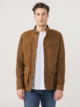 Mens Four Flap Pockets Brown Suede Jacket - JacketsJunction