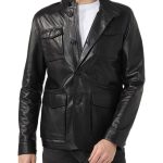 Mens Four Flap Pockets Black Leather Jacket