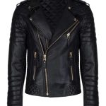 Men's Black Leather Biker Jacket With Gold Zippers