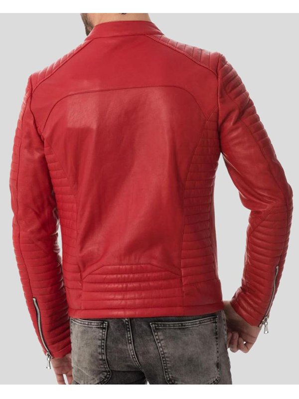 Mens Red Quilted Four Zipper Leather Jacket