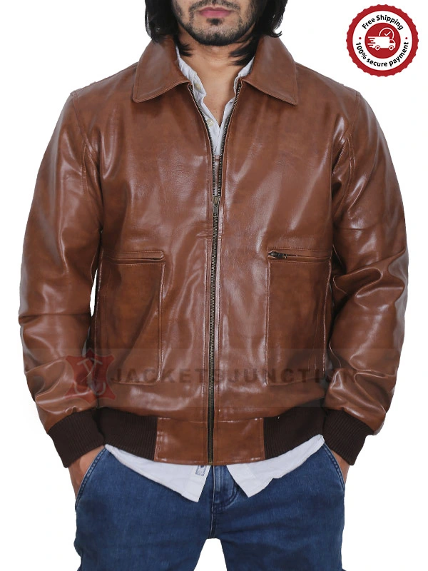 Mens Brown Shirt Collar Leather Bomber Jacket