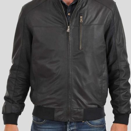 Standing Collar Black Bomber Jacket - Leather Bomber Jacket Mens