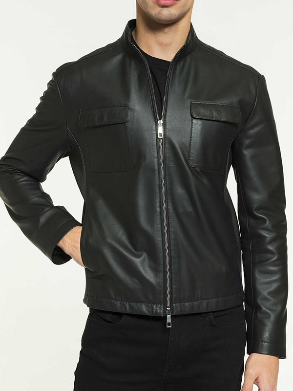 Mens Standing Collar Leather Jacket