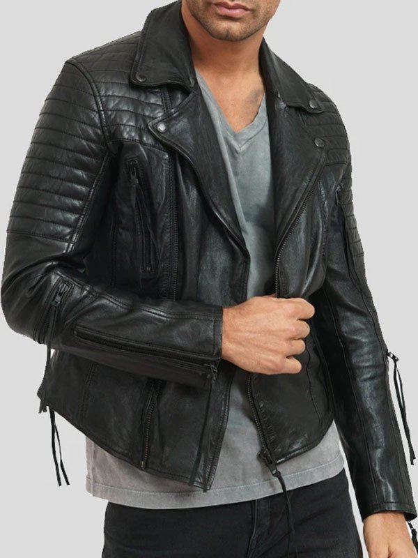 Mens Zipper Pockets Leather Biker Jacket