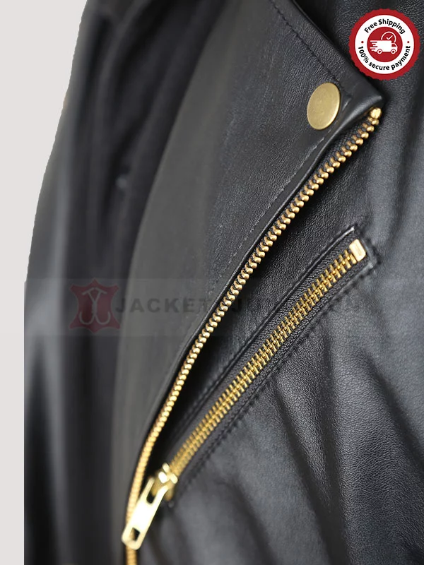 Black leather jacket with gold online zipper