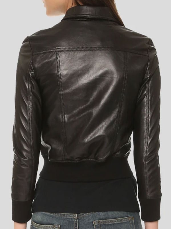 Shirt Collar Bomber Black Leather Jacket For Women's