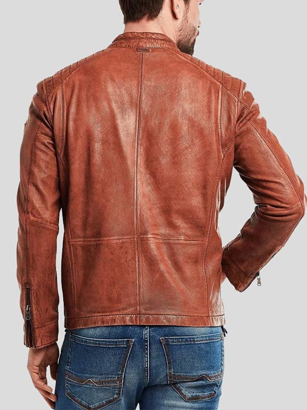 Men's Crinkle Brown Leather Biker Jacket Back