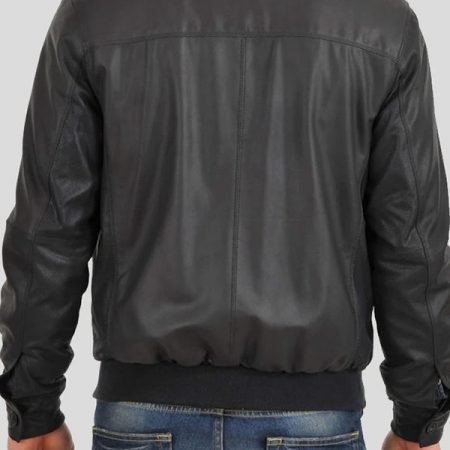 Standing Collar Black Bomber Jacket - Leather Bomber Jacket Mens