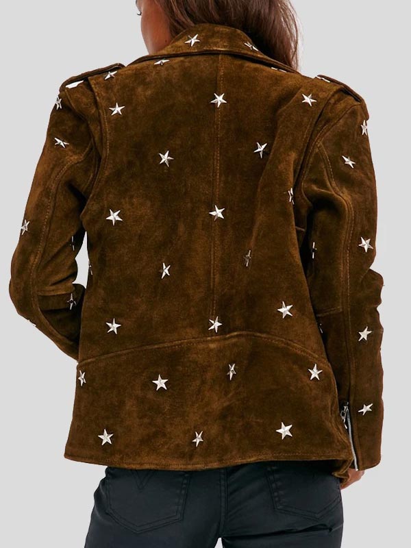 Studded Brown Suede Moto Leather Jacket For Womens