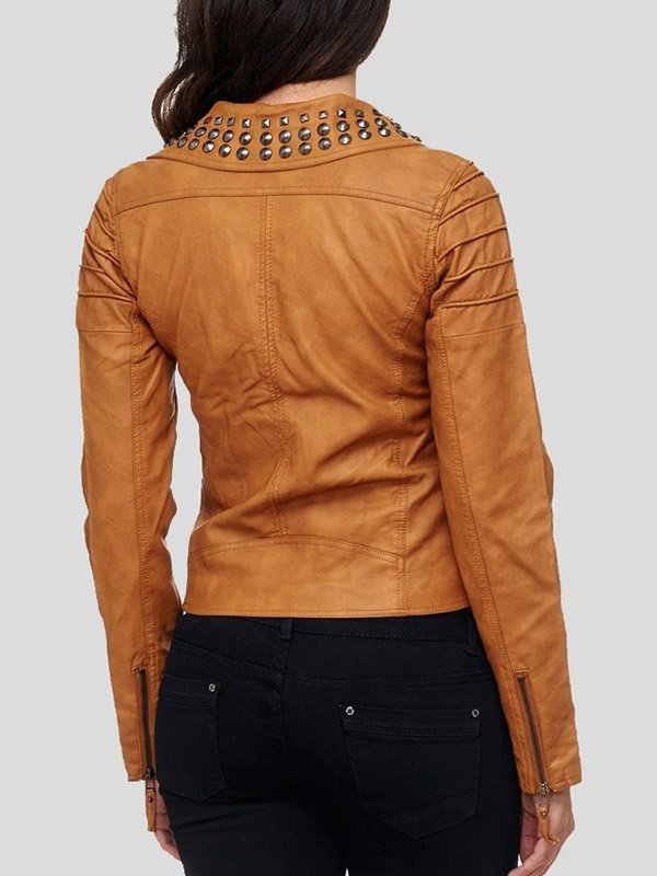 Tan Brown Leather Biker Studded Jacket For Womens