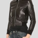 Womens Black Leather Bomber Jacket