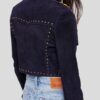 Womens Blue Suede Leather Cropped Jacket with Studs