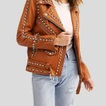 Womens Moto Biker Brown Studded Leather Jacket