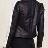 Womens Snap Tab Collar Black Leather Jacket With White Stripe