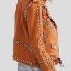 Womens Tan Brown Leather Silver Studded Jacket