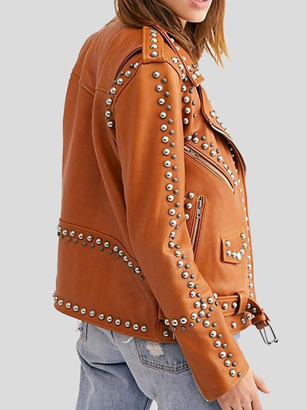 Womens Tan Brown Leather Silver Studded Jacket