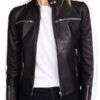 Womens Zipper Pockets Black Leather Jacket