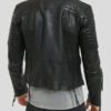 Zipper Pockets Black Leather Biker Jacket For Mens