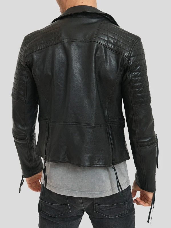 Zipper Pockets Black Leather Biker Jacket For Mens