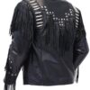 Bones & Braids Black Fringed Biker Leather Jacket For Mens