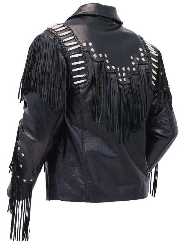 Mens Bones & Braids Black Fringed Leather Jacket - JacketsJunction