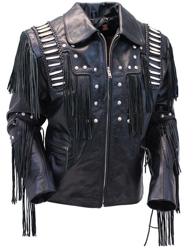 Mens Bones & Braids Black Fringed Leather Jacket