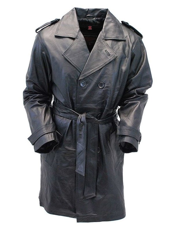 Mens Doube Breasted Black Leather Trench Coat - JacketsJunction