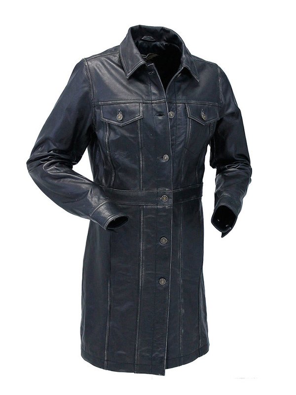 Vintage Black Mid Length Leather Coat