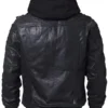 Mens Black Bomber Leather Hooded Jacket