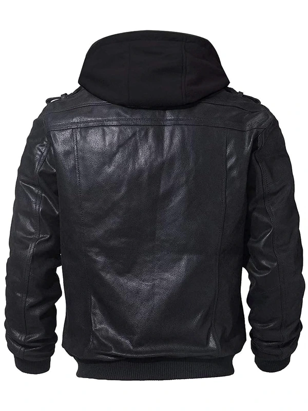 Mens Black Bomber Leather Hooded Jacket