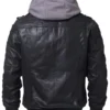 Mens Black Leather Bomber Jacket with Grey Hood