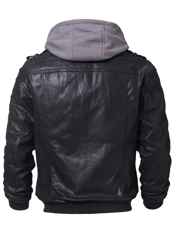 Mens Hooded Bomber Leather Jacket - Jackets Junction