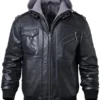 Mens Black Leather Hooded Bomber Jacket