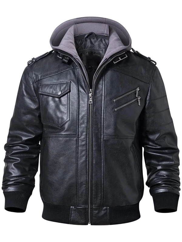 Mens Black Leather Hooded Bomber Jacket