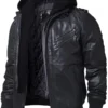 Mens Black Leather Hooded Jacket