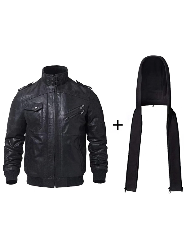 Mens Black Leather Hooded Jacket with Removable Hooded