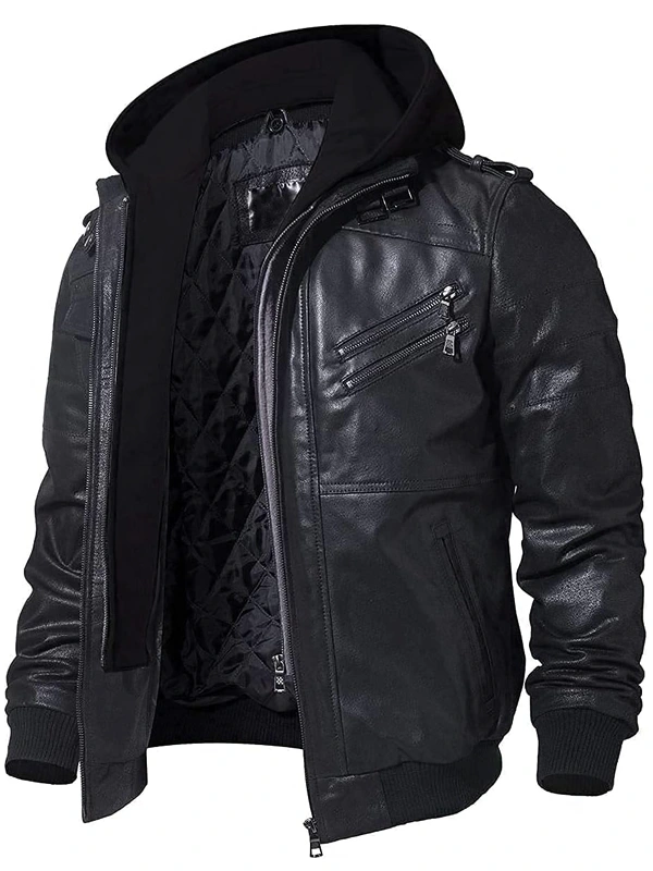 Mens Black Leather Hooded Jacket