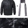 Mens Black Leather Jacket with Grey Hood