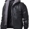 Mens Black Leather Jacket with Grey Hood