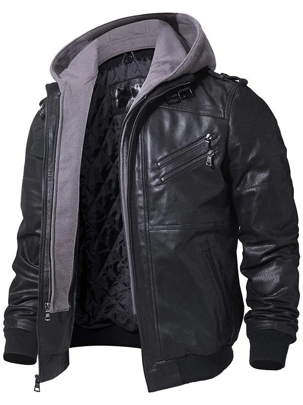 Mens Black Leather Jacket with Grey Hood