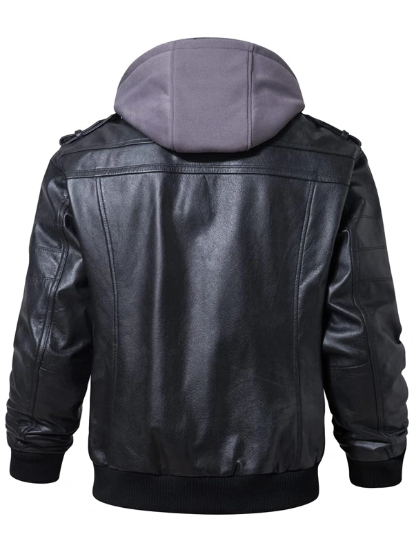 Mens Black Leather Jacket with Removable Hooded